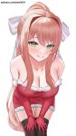  1girl bare_shoulders black_thighhighs blush bow breasts brown_hair christmas cleavage collarbone cowboy_shot doki_doki_literature_club dress elbow_gloves english_commentary eyelashes fur-trimmed_dress fur-trimmed_gloves fur_trim gloves green_eyes grin hair_between_eyes hair_bow hair_intakes hands_on_own_knees high_ponytail highres large_breasts leaning_forward long_hair looking_at_viewer monika_(doki_doki_literature_club) patreon_username ponytail red_dress red_gloves santa_costume santa_dress sidelocks simple_background smile solo standing strapless strapless_dress thighhighs twitter_username variant_set white_background white_bow yami_(rear4742) zettai_ryouiki 
