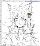  1girl :p animal_ears arknights art_program_in_frame blush greyscale hair_ornament hairclip high_collar highres lappland_(arknights) looking_at_viewer monochrome sato_(lappysuki) scar scar_across_eye simple_background sketch solo tongue tongue_out upper_body 