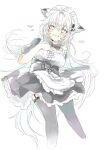  1girl alternate_costume animal_ears arknights black_thighhighs blush enmaided feet_out_of_frame garter_straps grey_eyes hair_ornament hairclip heart highres lappland_(arknights) long_hair looking_at_viewer maid messy_hair parted_lips sato_(lappysuki) scar scar_across_eye short_sleeves simple_background smile solo thighhighs white_background 