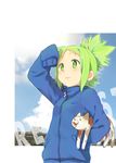  a-ka animal cat green_eyes green_hair jacket long_sleeves original ponytail short_hair smile solo track_jacket 