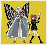  1boy 1girl amanogwazen black_eyes butterfly_wings commentary_request fate/grand_order fate_(series) fujimaru_ritsuka_(female) fujimaru_ritsuka_(female)_(polar_chaldea_uniform) holding holding_sword holding_weapon insect_wings katana o_o oberon_(fate) orange_hair short_hair smile sword weapon white_hair wings yellow_background 