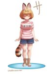  1girl alternate_costume animal_ears blonde_hair blue_shorts boots brown_footwear casual cat_ears cat_girl cat_tail closed_eyes collarbone extra_ears full_body kemono_friends multicolored_hair nyororiso_(muyaa) pink_shirt serval_(kemono_friends) shirt short_hair short_shorts short_sleeves shorts smile solo striped striped_shirt t-shirt tail translation_request two-tone_shirt white_shirt 