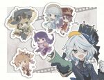  6+girls blue_eyes chevreuse_(genshin_impact) chibi commentary food furina_(genshin_impact) genshin_impact gun hat holding holding_gun holding_umbrella holding_weapon japanese_clothes kamisato_ayaka kamisato_ayaka_(springbloom_missive) multiple_girls navia_(genshin_impact) official_alternate_costume open_mouth popcorn raiden_shogun rifle smile top_hat umbrella weapon white_hair yann7478 yoimiya_(genshin_impact) 