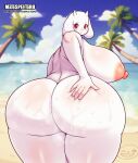 anthro areola beach big_butt biped bodily_fluids boss_monster bovid breasts butt caprine cum female fingers genital_fluids hi_res holding_butt huge_butt looking_back mammal matospectoru mature_female nipples rear_view seaside smile solo thick_thighs toriel undertale undertale_(series) white_body