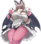  1girl absurdres animal_ears bat_ears bat_girl bat_wings breasts brown_eyes brown_hair brown_long-eared_bat_(kemono_friends) cleavage elbow_gloves extra_ears fingerless_gloves gloves grey_hair highres kemono_friends kemono_friends_v_project large_breasts leotard long_hair looking_at_viewer pantyhose simple_background skirt solo urisaba virtual_youtuber wings 