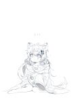  1girl aged_down animal_ears arknights barefoot full_body greyscale hair_ornament hairclip highres lappland_(arknights) looking_up messy_hair monochrome oversized_clothes parted_lips sato_(lappysuki) scar scar_across_eye simple_background sketch solo tail 