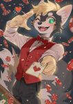 5_fingers absurd_res anthro canid canine card claws clothed clothing fingers fur green_eyes hi_res kemono kun_blackcat looking_at_viewer male mammal matches_(matches_uwu) one_eye_closed open_mouth open_smile playing_card smile smiling_at_viewer solo tail wink winking_at_viewer