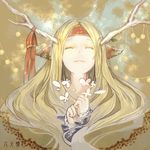  absurdres animal_ears antlers blonde_hair bug butterfly closed_eyes headband highres horn insect long_hair nibanmachi_wakai original smile solo upper_body 