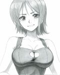  1girl apron bare_shoulders blush breasts cleavage_cutout clothing_cutout collarbone greyscale highres monochrome naked_apron nami_(one_piece) one_piece sakura_umituki short_hair smile traditional_media white_background 