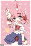  1girl animal_ears artist_name blush_stickers bow bracelet breasts carrot chibi clothes_around_waist commission commissioner_name grey_eyes hair_ornament heart highres jewelry large_breasts mogeko_(okegom) multiple_bracelets nail_polish necklace original pink_background pink_hair pink_nails plaid plaid_skirt polka_dot polka_dot_bow rabbit rabbit_ears rabbit_girl red_bow skeb_commission skirt solo 