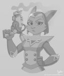 2023 anthro bluestripedrenulian breasts cazar_(ratchet_and_clank) clothing eyebrows eyelashes female gloves gun hair hand_on_hip handwear hi_res looking_at_viewer mammal monochrome ranged_weapon ratchet_and_clank sasha_phyronix short_hair smoke solo sony_corporation sony_interactive_entertainment trigger_discipline weapon