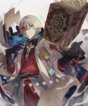  1boy asuka_r._kreutz book coat detached_cape floating floating_book floating_object gloves green_eyes grimoire guilty_gear layered_clothes looking_at_viewer male_focus one_eye_covered open_book parted_lips red_robe robe solo white_coat white_hair youmicitrustea 