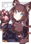  1girl animal_ear_fluff animal_ears animal_hands black_jacket black_skirt blue_eyes blush braid brown_gloves brown_hair center_frills closed_mouth collared_shirt commission copyright_request daidai_ookami frills gloves highres jacket long_hair long_sleeves looking_at_viewer open_clothes open_jacket paw_gloves revision shirt single_braid skeb_commission skirt smile solo thick_eyebrows very_long_hair white_shirt 