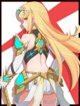  1girl aegis_sword_(xenoblade) backless_dress backless_outfit black_border blonde_hair border circlet closed_mouth cowboy_shot dress earrings elbow_gloves gloves highres holding holding_sword holding_weapon jewelry long_hair looking_at_viewer looking_back mythra_(xenoblade) red_background smile solo swept_bangs sword thigh_strap two-tone_background very_long_hair weapon white_background white_dress white_gloves xenoblade_chronicles_(series) xenoblade_chronicles_2 yellow_eyes yoruusagi 