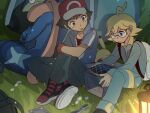  2boys ahoge ash_ketchum backpack bag blonde_hair blue_eyes blue_jacket clemont_(pokemon) closed_mouth commentary_request glasses grass greninja hat highres holding jacket jumpsuit lantern male_focus multiple_boys outdoors pants pikachu pokemon pokemon_(anime) pokemon_(creature) pokemon_xy_(anime) red_footwear red_headwear round_eyewear shirt shoes short_sleeves sitting suikaels white_bag wrench 