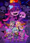  3boys 3girls amoeba anemone_(goonya_monster) animal animal_ears aqua_eyes aqua_hair bags_under_eyes bandaid bandaid_on_leg belt blonde_hair bomb bow bowtie cat_ears dress explosive eyewear_on_head fangs ghost goonya_monster goonyan_(goonya_monster) green_eyes green_hair gun hair_ornament hairclip handgun highres holding holding_weapon multicolored_hair multiple_boys multiple_girls mummy octo_(goonya_monster) official_art open_mouth orange_eyes orange_hair pink_eyes pink_hair pirarucu_(goonya_monster) planet ponytail promotional_art purple_bow purple_eyes purple_hair purple_theme red_ribbon ribbon sandals shoes shorts shotgun skeleton sky snail_(goonya_monster) space star_(sky) starry_sky striped striped_thighhighs tentacles terada_tera thighhighs toad_(goonya_monster) two-tone_hair vampire weapon yandere yellow_bow 