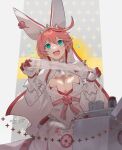  1girl aqua_eyes breasts cleavage dress elphelt_valentine flying_sweatdrops gauze gloves guilty_gear large_breasts open_mouth pink_hair solo white_dress white_gloves youmicitrustea 