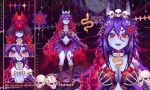  1girl artist_request boots breasts brown_footwear choker hades_(vtuber) hair_ornament highres large_breasts multiple_views mythos_(vtuber) purple_hair red_eyes reference_sheet skull_hair_ornament tattoo 