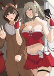  1boy 1girl animal_costume antlers breasts cellphone christmas cosplay dress fake_antlers fur_trim grey_hair gyaru highres imaizumi_(imaizumin-chi) imaizumin-chi_wa_douyara_gal_no_tamariba_ni_natteru_rashii indoors kogal kurumizaka_ruri large_breasts locked_arms nori_gorou original phone pink_eyes reindeer_antlers reindeer_costume sack santa_costume santa_dress smile twintails v 