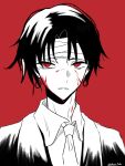  1boy absurdres bandaged_head bandages black_hair blood blood_on_face chrollo_lucilfer collared_shirt commentary earrings highres hunter_x_hunter jewelry limited_palette looking_at_viewer male_focus necktie parted_lips red_background red_eyes shirt short_hair simple_background solo tsukuno_tsuki twitter_username upper_body 