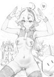  1girl absurdres ahoge armpits arms_up blush breasts cropped_shirt female_pubic_hair fkscrashing greyscale gundam gundam_suisei_no_majo haro heart highres long_hair low_ponytail mecha_request medium_breasts monochrome navel nipples pubic_hair skindentation solo spoken_heart suletta_mercury thick_eyebrows thighhighs thighs white_thighhighs 