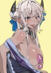  1girl :p black_horns blue_eyes bow_(bhp) breasts chinese_commentary commentary_request copyright_request dark-skinned_female dark_skin horns large_breasts long_hair looking_at_viewer pasties tongue tongue_out upper_body white_hair yellow_background 