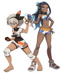  2girls absurdres armlet barefoot bea_(pokemon) belly_chain bike_shorts black_bodysuit black_hair black_hairband blue_eyes bodysuit bodysuit_under_clothes bow_hairband clenched_hand closed_mouth collared_shirt commentary commission dark-skinned_female dark_skin dive_ball dynamax_band earclip earrings eyelashes gloves grey_hair hair_between_eyes hair_bun hairband hand_on_own_hip highres holding holding_poke_ball hoop_earrings jewelry knee_pads long_hair mr.thunderigor multicolored_hair multiple_girls navel necklace nessa_(pokemon) poke_ball pokemon pokemon_swsh print_shirt print_shorts shirt short_hair short_sleeves shorts single_glove single_hair_bun smile squatting standing toes two-tone_hair ultra_ball white_background white_footwear 