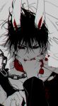  1boy 1other animal_collar animal_ears bed_sheet bite_mark bite_mark_on_chest biting biting_another&#039;s_hand black_sclera blood blood_on_hands chain chain_leash collar colored_sclera dated disembodied_limb fushiguro_touji grey_background hand_in_another&#039;s_mouth highres jujutsu_kaisen leash long_sleeves looking_at_viewer lying on_back on_bed rabbit_ears red_collar red_eyes sashiyu shirt short_hair signature solo_focus spot_color torn_clothes torn_shirt upper_body 