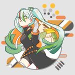  1girl black_jacket black_shorts blue_hair breasts crossover fighting_miku_(project_voltage) gloves gradient_hair green_eyes green_hair grey_background hair_between_eyes hand_up hatsune_miku jacket multicolored_hair necktie orange_hair parted_lips pokemon project_voltage saihate_(d3) short_shorts shorts signature sirfetch&#039;d small_breasts smile solo streaked_hair twintails vocaloid white_gloves white_necktie 