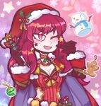  1girl blue_cape bodysuit cape christmas d_vaaaah facial_mark fire_emblem fire_emblem_engage fire_emblem_heroes gingerbread_man hair_ornament hat highres ice_pick long_hair looking_at_viewer multicolored_cape multicolored_clothes official_alternate_costume one_eye_closed red_bodysuit red_cape red_eyes red_hair santa_hat snowman star_(symbol) star_facial_mark star_hair_ornament star_print two-tone_cape yunaka_(fire_emblem) yunaka_(fire_emblem)_(spirited_envoy) 