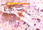  brown_hair culture_japan flowers long_hair seifuku sen_kagura suenaga_mirai sword thighhighs weapon 