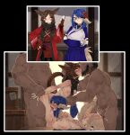  2boys 2girls absurdres animal_ears au_ra blue_hair blush breasts brown_eyes cat_ears cat_tail cum cum_in_pussy deep_penetration doggystyle final_fantasy final_fantasy_xiv french_kiss grabbing_another&#039;s_hair group_sex highres horns kalandria_karinael kiss large_breasts miqo&#039;te multiple_boys multiple_girls nipples scales shuuko_(s_h_uuko) tail tongue tongue_out vivian_yorshka 