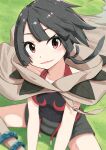  1girl absurdres anklet blush cape from_above grass grey_shorts halterneck highres indian_style jewelry looking_at_viewer looking_up low_ponytail negimiso1989 open_mouth outdoors pokemon pokemon_oras red_eyes rope_belt short_ponytail shorts sitting solo wind zinnia_(pokemon) 