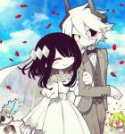  2boys 3girls black_hair black_sclera black_suit blonde_hair blue_eyes blush bow bowtie chibi closed_eyes colored_sclera colored_skin couple dress etihw_(haiiro_teien) eyepatch falling_petals froze_(haiiro_teien) funamusea glasses green_hair grey_hair grey_suit haiiro_teien highres kcalb_(haiiro_teien) looking_at_another mogeko_(okegom) multiple_boys multiple_girls necktie official_art people petals pointy_ears red-framed_eyewear red_petals suit wedding wedding_dress white_dress white_eyes white_hair white_skin wodahs_(haiiro_teien) yosafire_(haiiro_teien) 