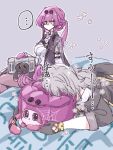  2girls :&lt; arm_strap bed_sheet black_cat black_gloves black_jacket brown_pantyhose caedeimo cat critter_pick_(honkai:_star_rail) eyewear_on_head flower_(symbol) glaring gloves grey_background grey_hair honkai:_star_rail honkai_(series) jacket kafka_(honkai:_star_rail) kafka_(shader_cat)_(honkai:_star_rail) lapels long_sleeves looking_at_another lying medium_hair multiple_girls no_mouth no_nose on_bed on_stomach open_clothes open_jacket orange_eyes pantyhose pink_cat pink_eyes pink_gloves ponytail purple_hair shirt sidelocks sitting sleeping sleeves_rolled_up spider_web_print stelle_(honkai:_star_rail) suit_jacket sunglasses tail_strap trailblazer_(honkai:_star_rail) trailblazer_(trash_cake)_(honkai:_star_rail) translation_request trash_can white_shirt 