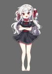  :d absurdres bare_legs barefoot black_dress blush crossed_arms dress fangs grey_background hair_ornament hairclip highres legs long_hair offbeat orange_eyes original short_dress short_sleeves simple_background smile two_side_up white_hair 