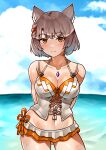  1girl absurdres animal_ears arms_behind_back bikini blush braid breasts cat_ears chest_jewel cloud cloudy_sky collarbone grey_hair groin highres large_breasts looking_at_viewer mio_(xenoblade) navel ocean oniisan02b orange_bikini orange_eyes outdoors short_hair side_braid sky smile solo swimsuit two-tone_bikini wet white_bikini xenoblade_chronicles_(series) xenoblade_chronicles_3 