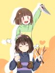  2others arm_up blue_sweater blush_stickers brown_footwear brown_hair chara_(undertale) chinese_commentary closed_eyes closed_mouth commentary_request frisk_(undertale) green_sweater hand_on_another&#039;s_head hand_up hands_up heart highres holding holding_knife holding_stick knife long_sleeves multiple_others onion_oni open_mouth orange_background puffy_long_sleeves puffy_sleeves red_eyes shadow shoes short_hair single_stripe smile socks standing stick striped_clothes striped_sweater sweater teeth tongue turtleneck turtleneck_sweater undertale white_socks yellow_background 