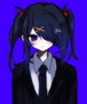  1girl 4_(nn_1_zo) alternate_costume ame-chan_(needy_girl_overdose) arms_at_sides black_hair black_jacket black_necktie blue_background blue_eyes closed_mouth collared_shirt commentary_request expressionless hair_ornament hair_over_one_eye highres jacket long_hair looking_at_viewer necktie needy_girl_overdose shirt simple_background solo twintails upper_body white_shirt x_hair_ornament 