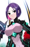  1girl alternate_breast_size armor black_armor black_bodysuit black_eyes bodysuit breasts covered_navel fate/grand_order fate/samurai_remnant fate_(series) highres large_breasts looking_at_viewer minamoto_no_raikou_(fate) neon_trim parted_bangs purple_hair rider_(fate/samurai_remnant) short_hair sukiniyaru 