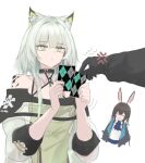  1other 2girls amiya_(arknights) anger_vein animal_ear_fluff animal_ears arknights ascot bare_shoulders black_gloves black_jacket blue_ascot brown_hair card cat_ears cat_girl closed_eyes closed_mouth criss-cross_halter detached_collar doctor_(arknights) dress gloves green_dress green_eyes grey_hair hair_between_eyes hair_intakes halterneck highres holding holding_card jacket kal&#039;tsit_(arknights) long_hair mebe_(teadia_violet) medium_hair multiple_girls off-shoulder_jacket off_shoulder old_maid oripathy_lesion_(arknights) parted_lips playing_card poker_face_failure rabbit_ears rabbit_girl revision shirt simple_background slit_pupils smile star_of_life upper_body white_background white_shirt 