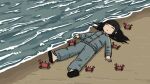  1girl beach black_hair blue_jacket blue_pants blunt_bangs closed_eyes closed_mouth crab fuchina_(fucinami) full_body funo-chan_(fuchina) highres jacket long_hair long_sleeves lying ocean on_back original outdoors pants sand slippers solo too_many track_suit water waves 