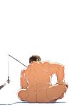  1boy ass bara brown_hair cat completely_nude david_lee_(d_lee1234) facing_away fishing_rod from_behind full_body highres holding holding_fishing_rod male_focus muscular muscular_male nude original pectorals short_hair sidepec sitting solo thighs white_background 