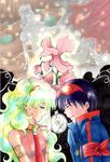  1girl armlet blue_hair closed_eyes couple flower goggles goggles_on_head hair_flower hair_ornament hetero kanehira marker_(medium) multicolored_hair nia_teppelin simon tears tengen_toppa_gurren_lagann traditional_media two-tone_hair younger 