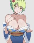  bare_shoulders blue_kimono breasts ceres_fauna cleavage green_hair hair_ornament hand_on_own_chest highres holocouncil hololive hololive_english japanese_clothes kimono large_breasts looking_at_viewer open_mouth ponytail smile yellow_eyes zeropen 