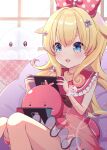 1girl absurdres blonde_hair blue_eyes bow bracelet couch dress fang hair_bow hair_ornament handheld_game_console highres holding holding_handheld_game_console idol_corp jewelry long_hair momo_otako necklace nintendo_switch open_mouth pink_bow pink_dress polka_dot second-party_source shell_hair_ornament sitting star_(symbol) star_hair_ornament star_necklace tentacle_hair uni_(maru231) virtual_youtuber window 