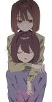  2others animification blue_sweater blunt_ends brown_hair chara_(undertale) closed_eyes closed_mouth fingernails frisk_(undertale) green_sweater half-closed_eyes hand_up highres long_sleeves looking_at_viewer multiple_others open_mouth puffy_long_sleeves puffy_sleeves r_ego999 red_eyes short_hair simple_background single_stripe standing striped_clothes striped_sweater sweatdrop sweater teeth turtleneck turtleneck_sweater undertale white_background 