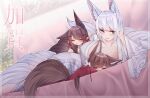  3girls :d absurdres akagi-chan_(azur_lane) amagi-chan_(azur_lane) animal_ears arm_support azur_lane bell black_kimono blue_eyes blush breasts brown_hair cleavage closed_eyes cuddling day eyeshadow flower fox_ears fox_girl fox_tail full_body hair_bell hair_between_eyes hair_flower hair_ornament hair_over_one_eye hair_ribbon hairclip head_rest highres hug indoors japanese_clothes kaga_(azur_lane) kimono kitsune large_breasts long_hair lying lying_on_person makeup medium_hair multiple_girls multiple_tails on_bed on_side on_stomach open_mouth print_kimono red_eyeshadow red_kimono red_ribbon ribbon samip sleeping slit_pupils smile tail white_flower white_hair white_kimono 