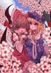  2girls alternate_headwear arm_around_waist ascot bandaid bandaid_on_hand blonde_hair blush bow brown_hair choker closed_eyes cloud cloudy_sky commentary detached_sleeves dress flower frilled_bow frilled_hair_tubes frills gap_(touhou) gloves hair_bow hair_tubes hakurei_reimu head_wreath highres long_hair long_sleeves multiple_girls open_mouth pink_flower purple_dress purple_eyes purple_flower red_bow red_ribbon red_skirt ribbon ribbon-trimmed_sleeves ribbon_choker ribbon_trim sitting sitting_on_lap sitting_on_person skirt skirt_set sky smile tohou89 touhou tree yakumo_yukari yellow_ascot yuri 