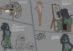 absurd_res accessory anthro baggy_pants bottomwear brush canid canine clothed clothing computer confusion container cup digital_media_(artwork) drawing_tablet dreadlocks electronics english_text female fennec flat_colors fox fur gold_ring hair hair_accessory haplorhine hi_res laptop looking_at_viewer male mammal model_sheet monkey naked_female nude_model paintbrush painting primate question_mark shirtless simple_background sleeping smile solo tablet tablet_pen tail text tired tired_eyes yo_zee